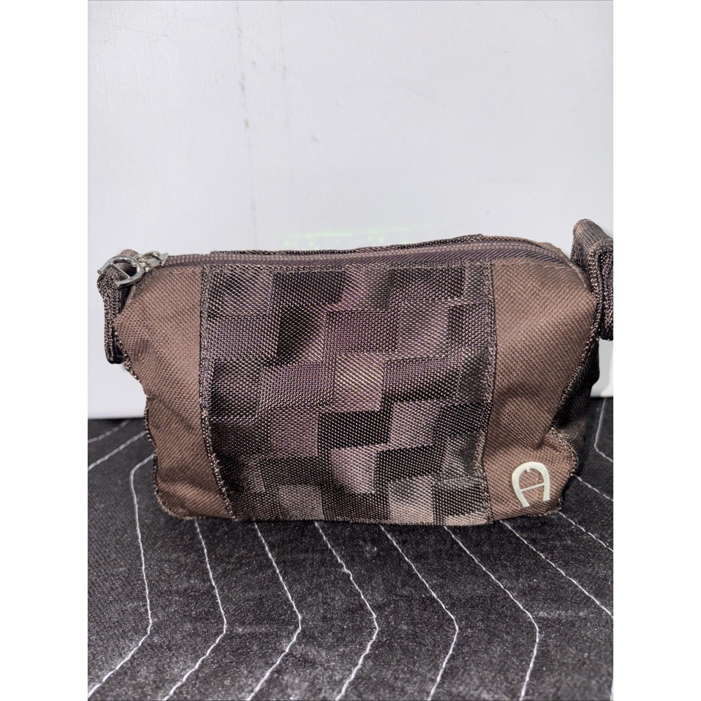Etienne Aigner Canvas Cosmetic Bag Brown‎ Cross-weave Pattern 6.5x4.75x2.25"